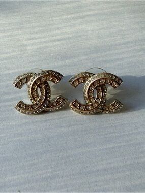 CHANEL Gold Crystal Vintage Interlocking CC Stud Earrings